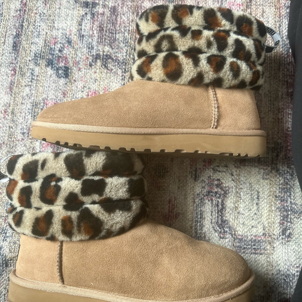 UGG Tan and Brown Winter Boots with Animal Print Cuff